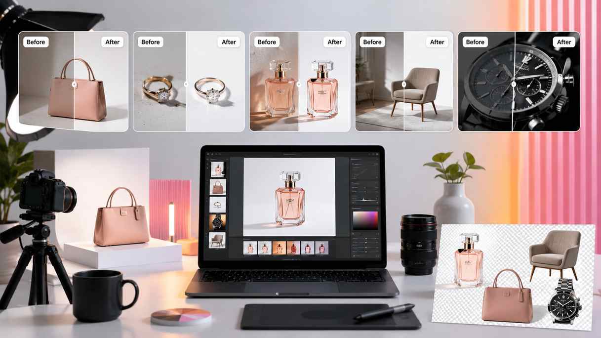 Realistic workspace showing product photos being improved with AI editing tools for background cleanup, enhancement, and ecommerce visuals