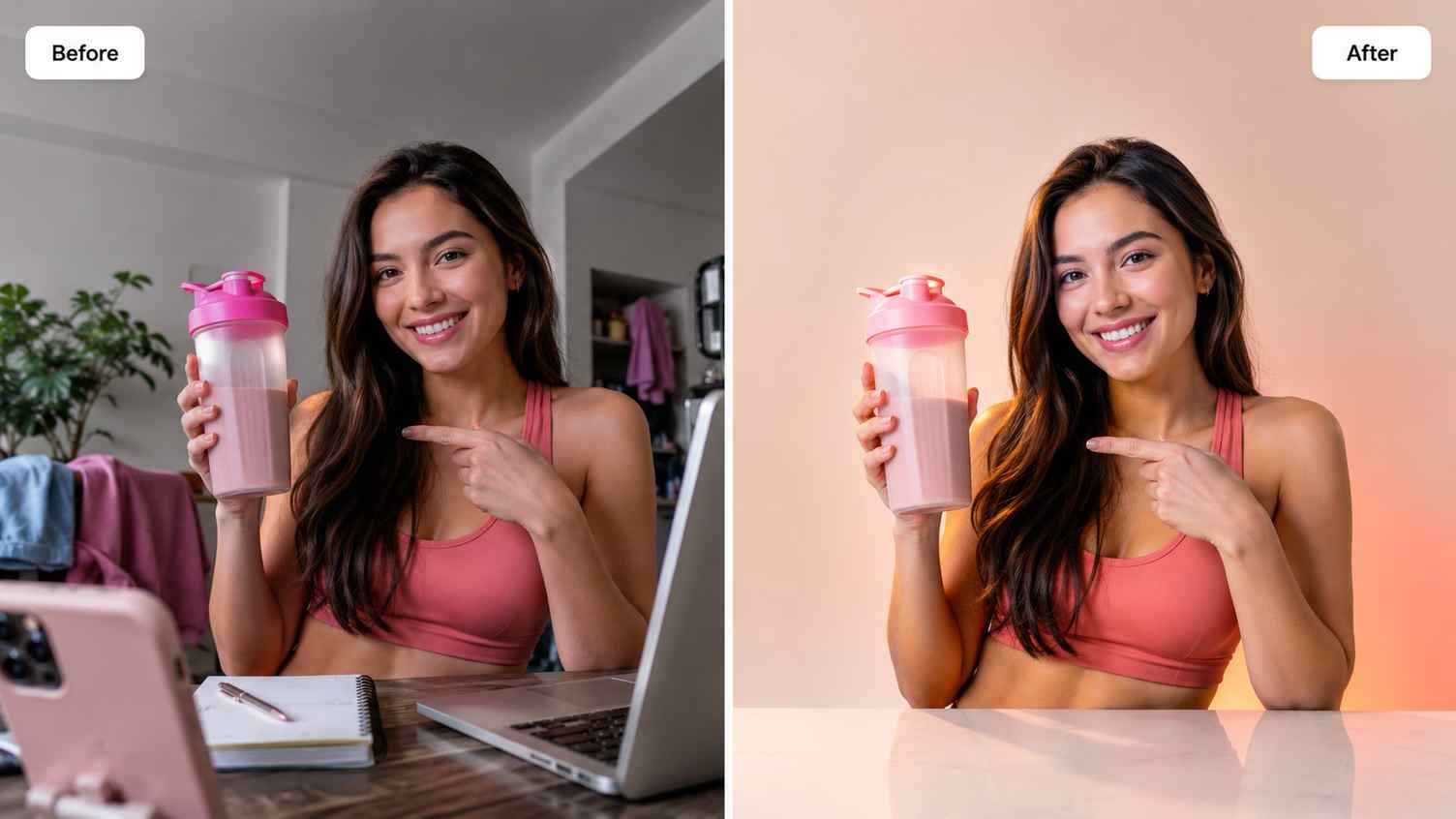 Before and after comparison of a cluttered social media photo edited into a cleaner and more focused post visual