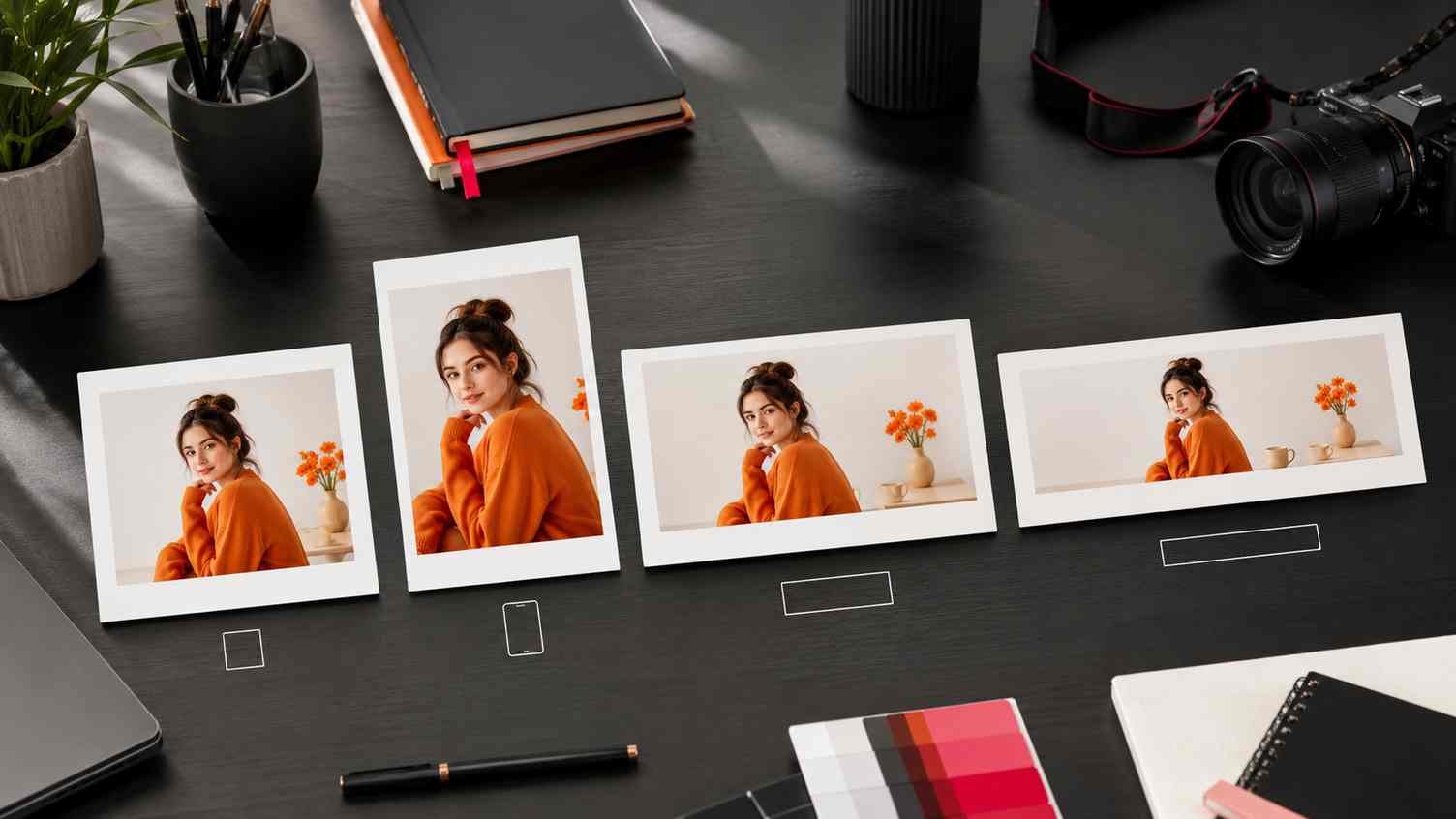 One edited image adapted into multiple social media formats including square post, vertical story, thumbnail, and ad creative