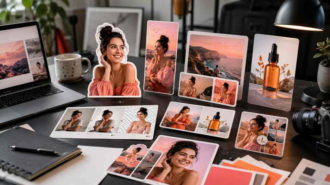 Realistic social media photo editing workspace showing creator images, product cutouts, and polished visual layouts for posts and thumbnails