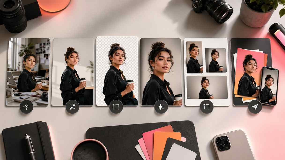 Step-by-step AI social media photo editing workflow showing background cleanup, cutout creation, enhancement, resizing, and export