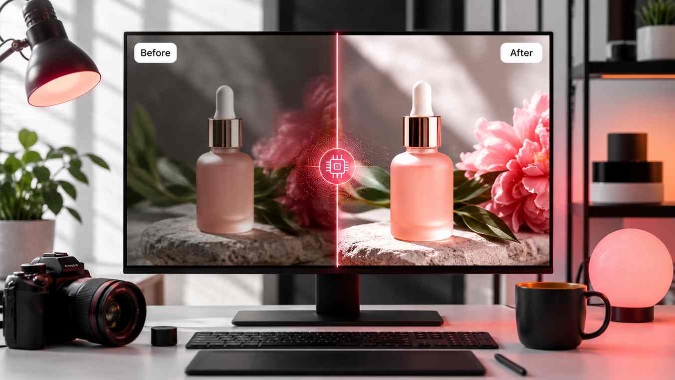 Realistic photo editing workspace showing a dull product image being enhanced into a sharper and cleaner final visual