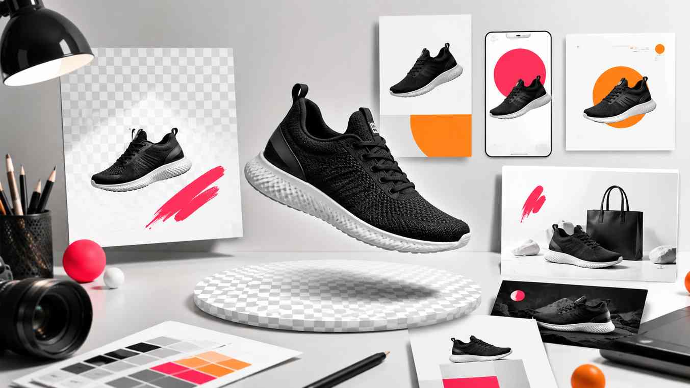 Realistic photo editing workspace showing a product cutout with a transparent background PNG ready for ecommerce and design use