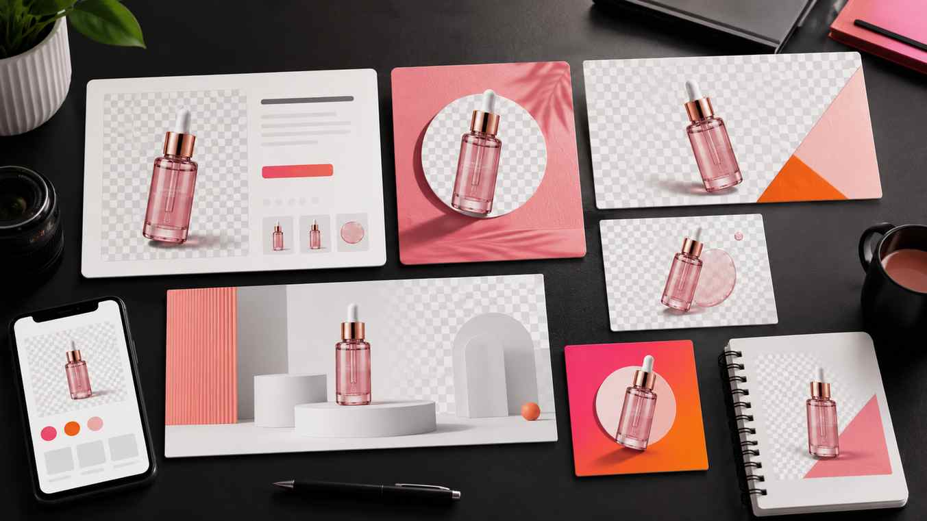 Transparent PNG cutouts reused across ecommerce product pages, social media posts, ad banners, and design mockups