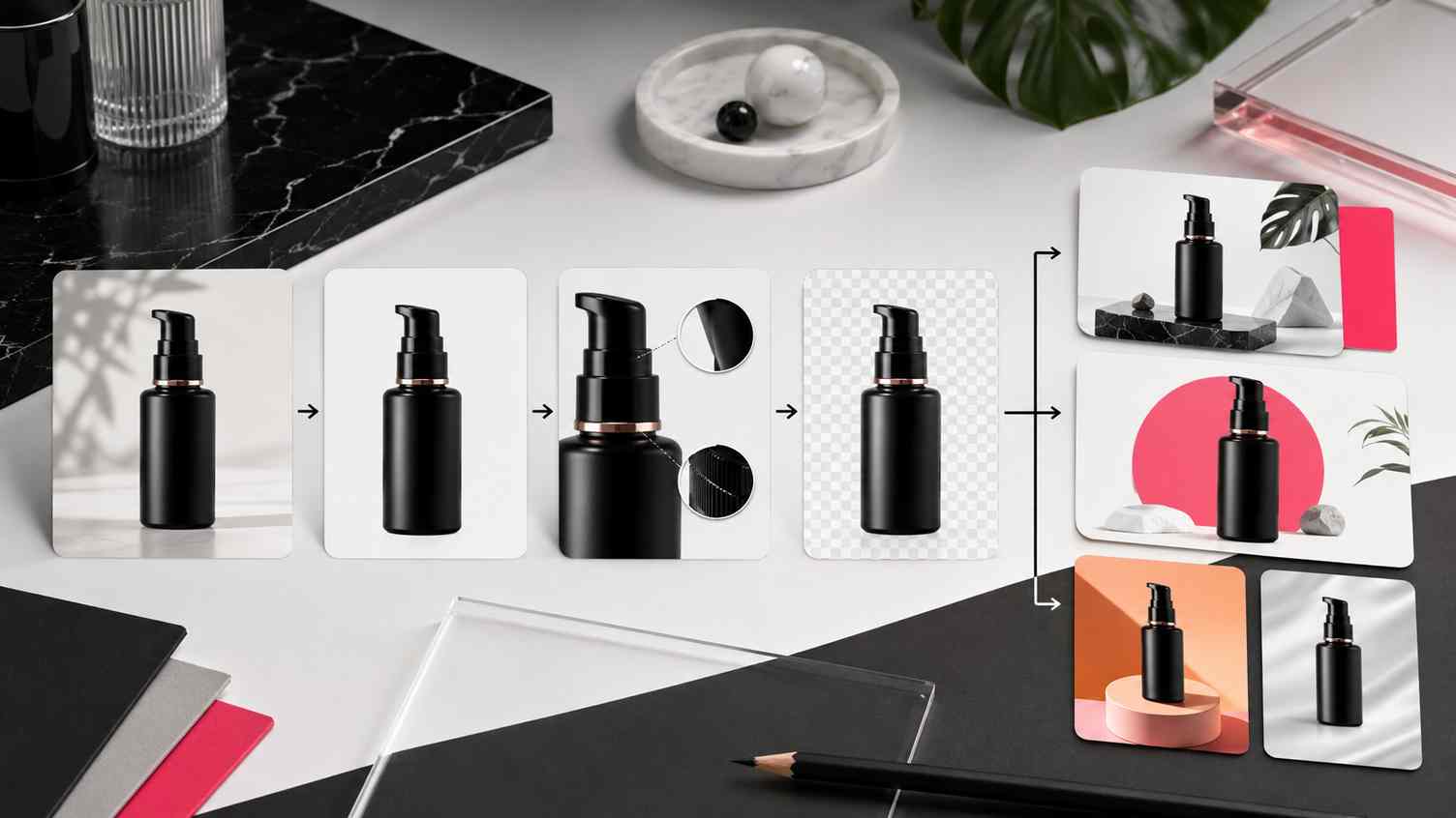 Step-by-step workflow showing background removal, edge cleanup, transparent PNG export, and reuse in product or design layouts