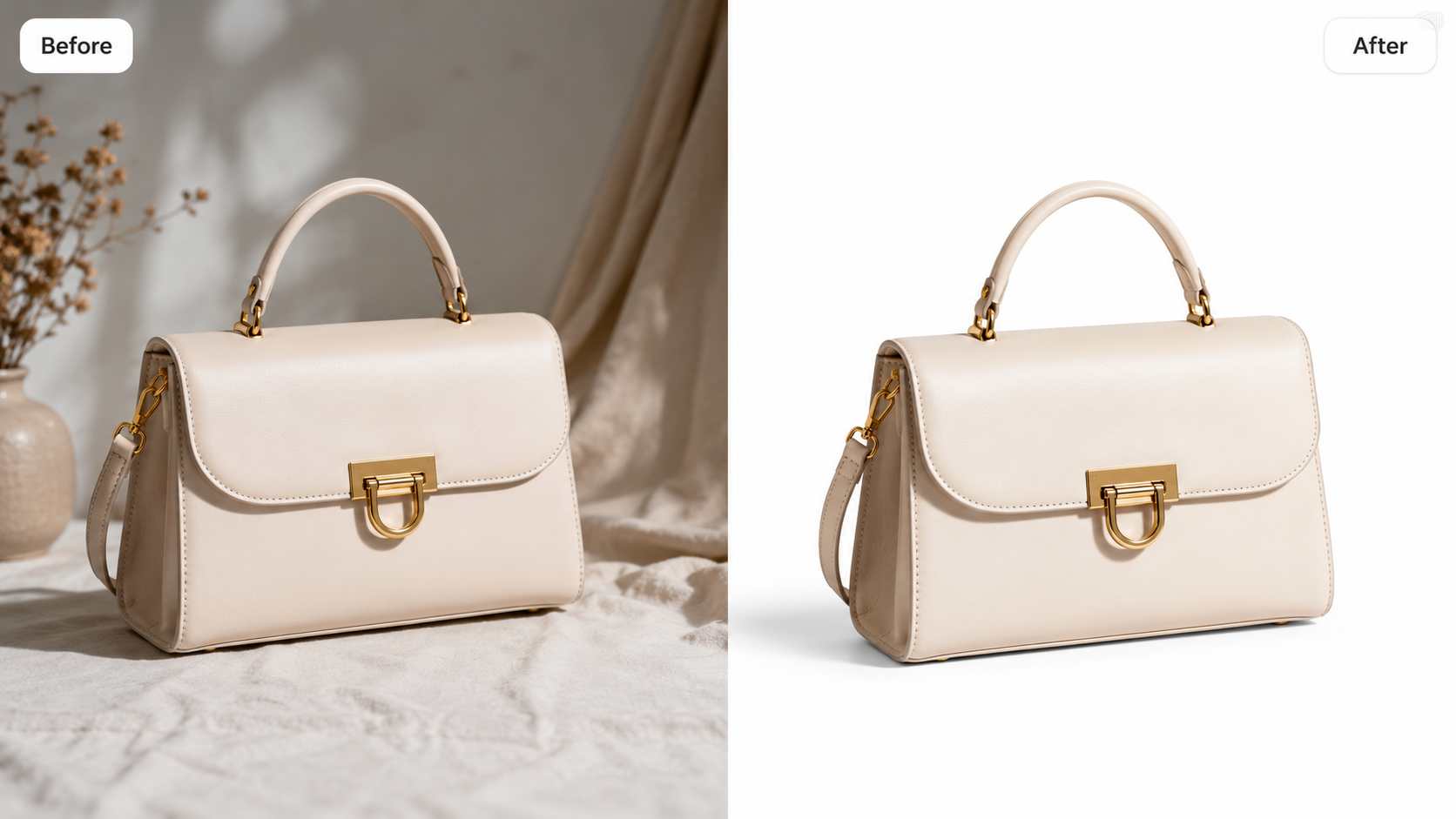 Before and after comparison of a product photo with a messy background changed into a clean white background image