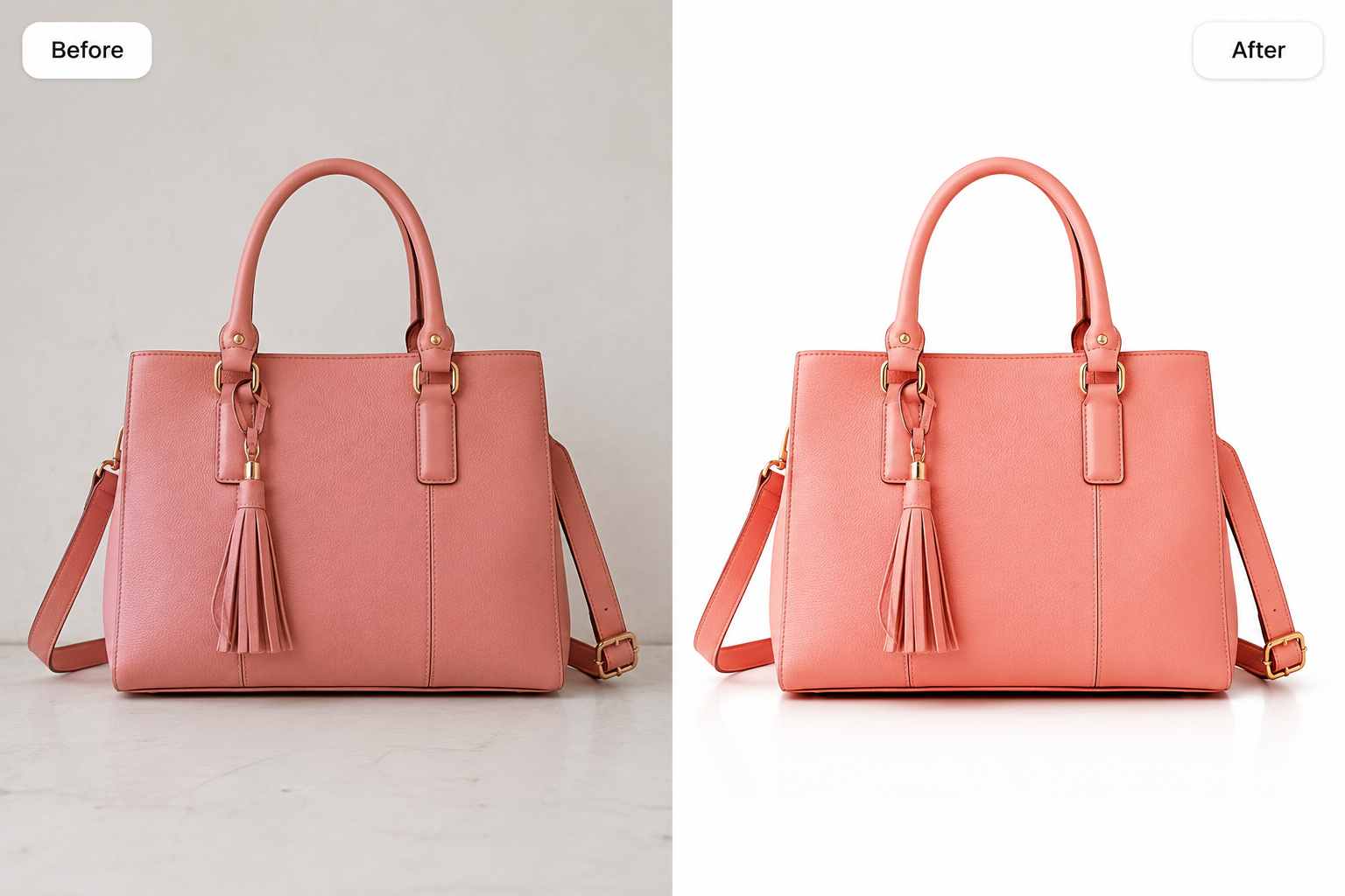 Before and after comparison of a raw product photo and a polished ecommerce-ready product image