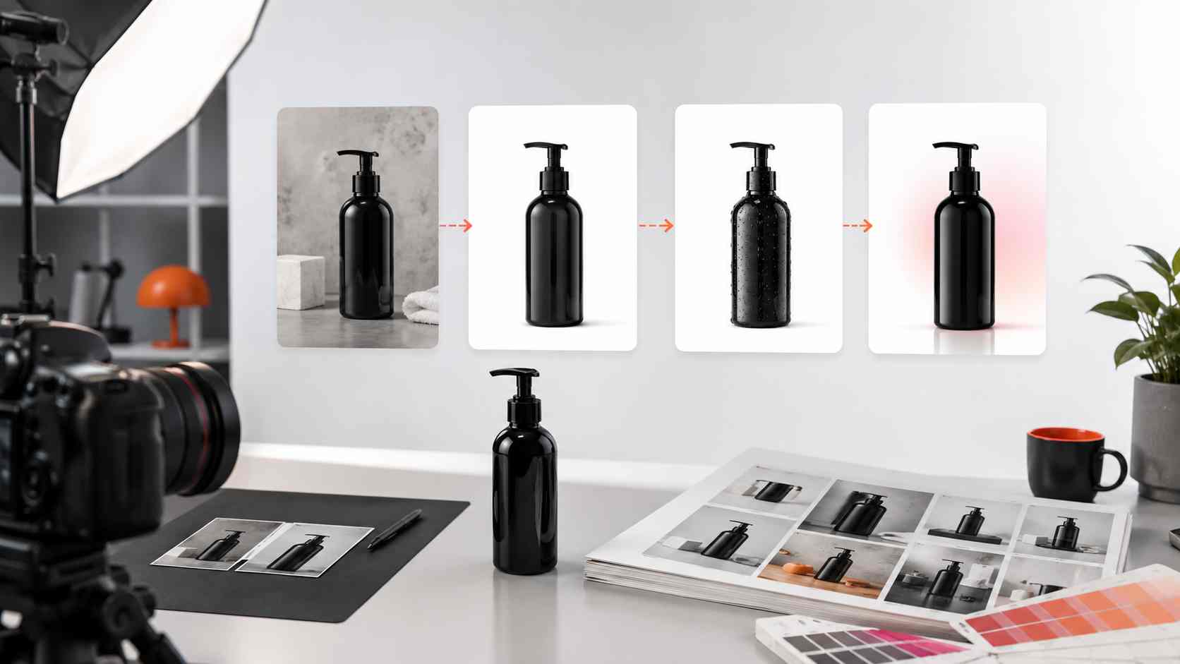 Realistic ecommerce photo editing workspace showing product images being cleaned, enhanced, and prepared for an online store