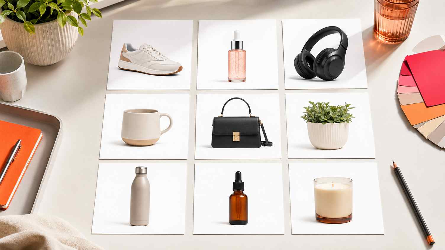 Clean ecommerce product grid showing consistent edited product photos with white backgrounds and polished lighting