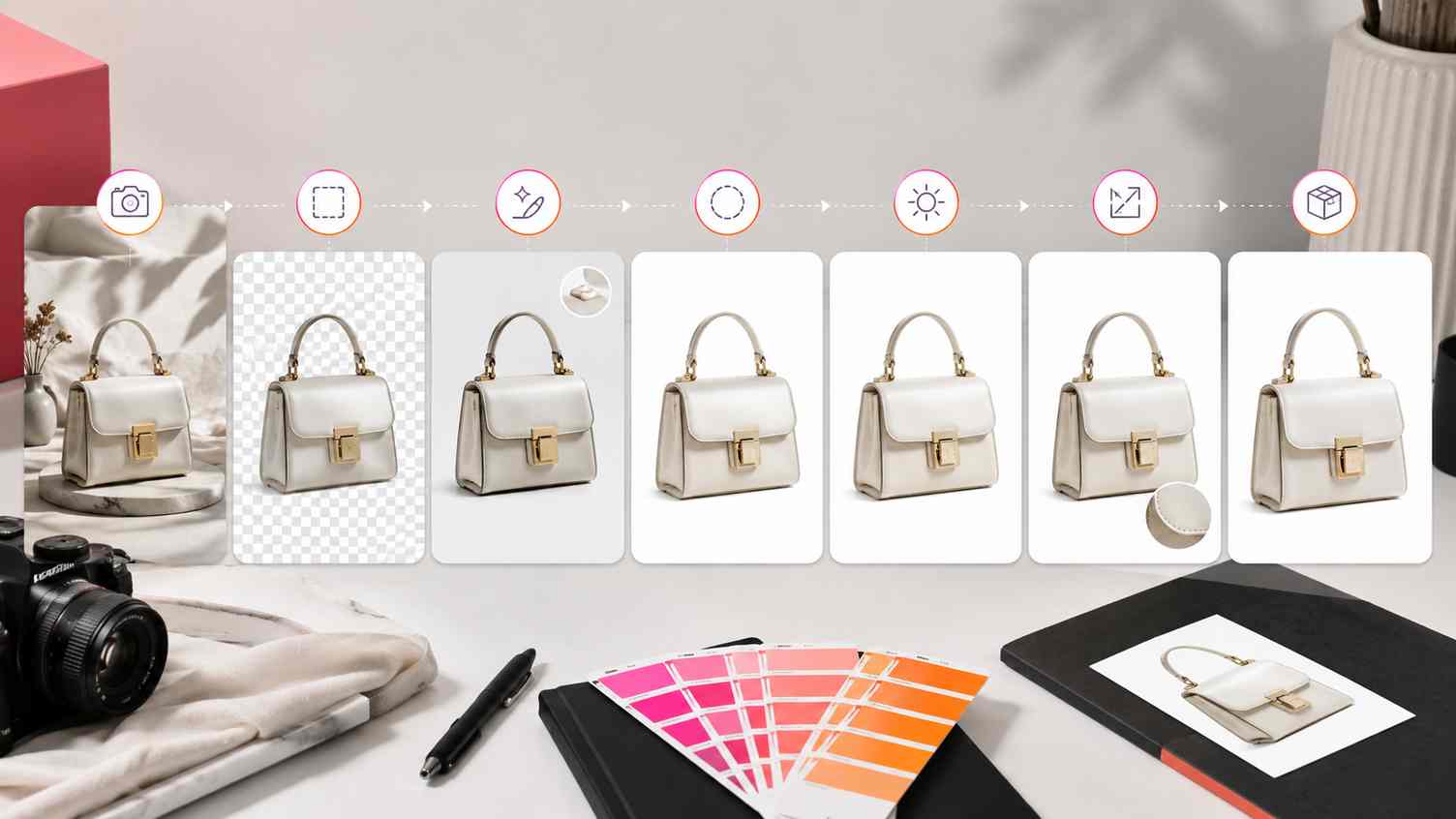 Step-by-step ecommerce product photo editing workflow from raw image to clean background, cleanup, enhancement, upscaling, and export