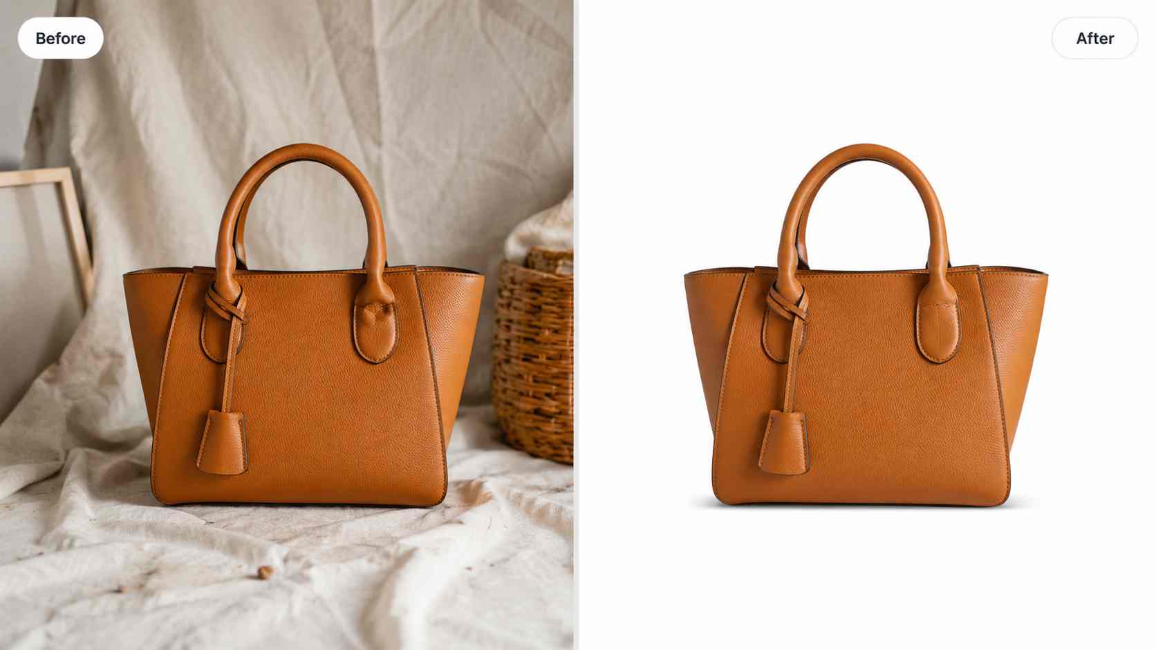 Before and after comparison of a product photo with a messy background and a clean white ecommerce background