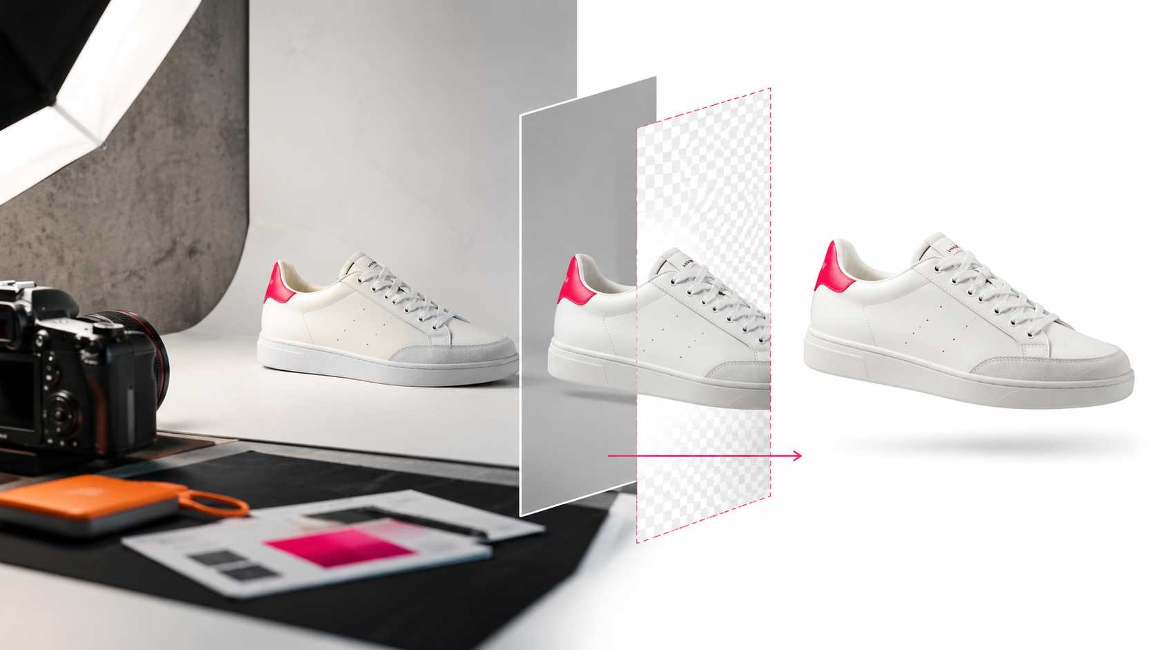 Clean ecommerce product photography setup showing a product image with its background removed for a white online store layout