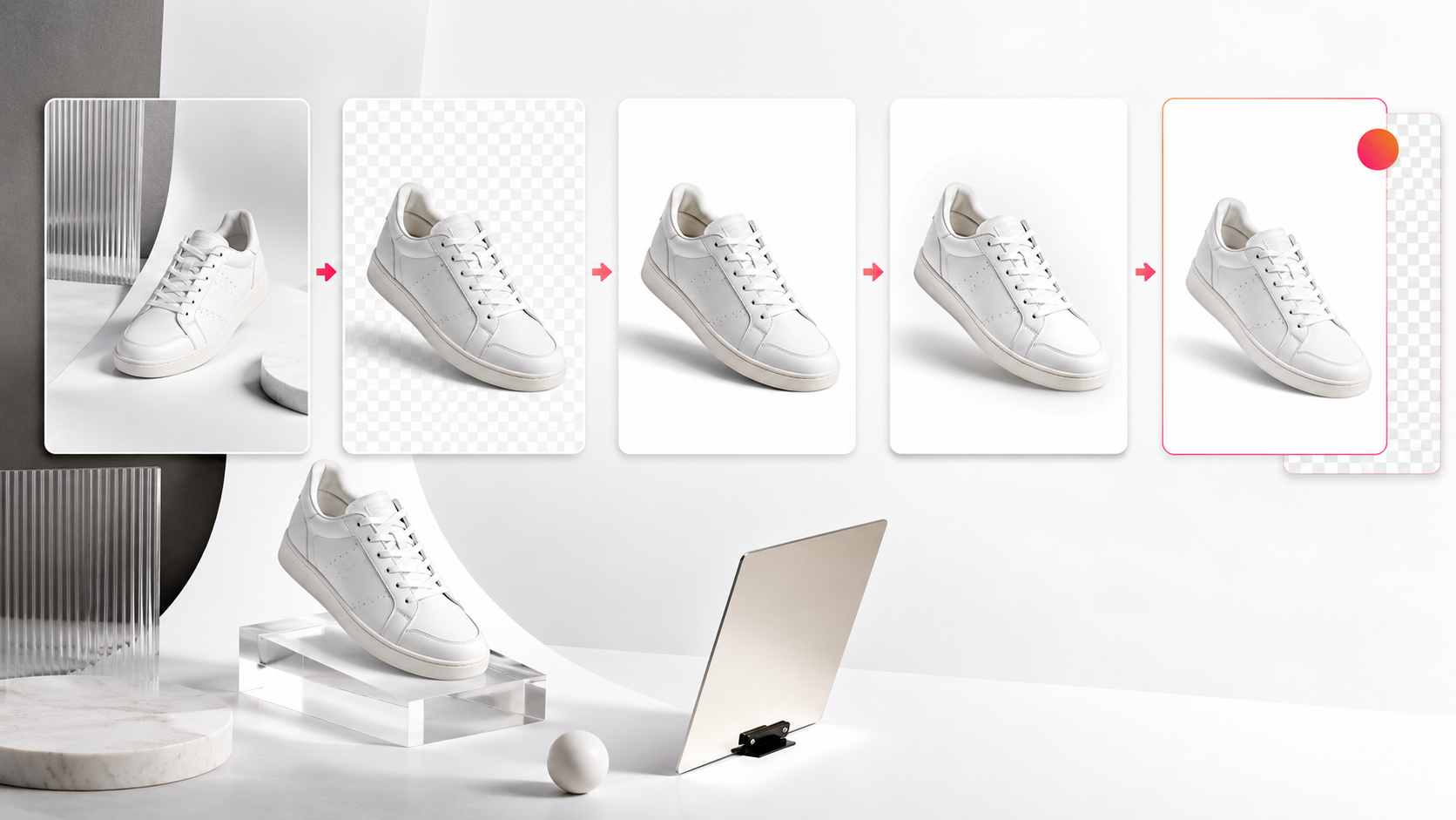 Step-by-step ecommerce product photo editing workflow from raw product image to clean background removal and final export
