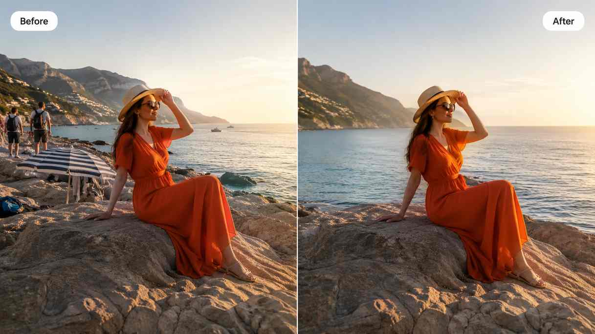 Before and after comparison of a photo with distracting objects removed for a cleaner final image
