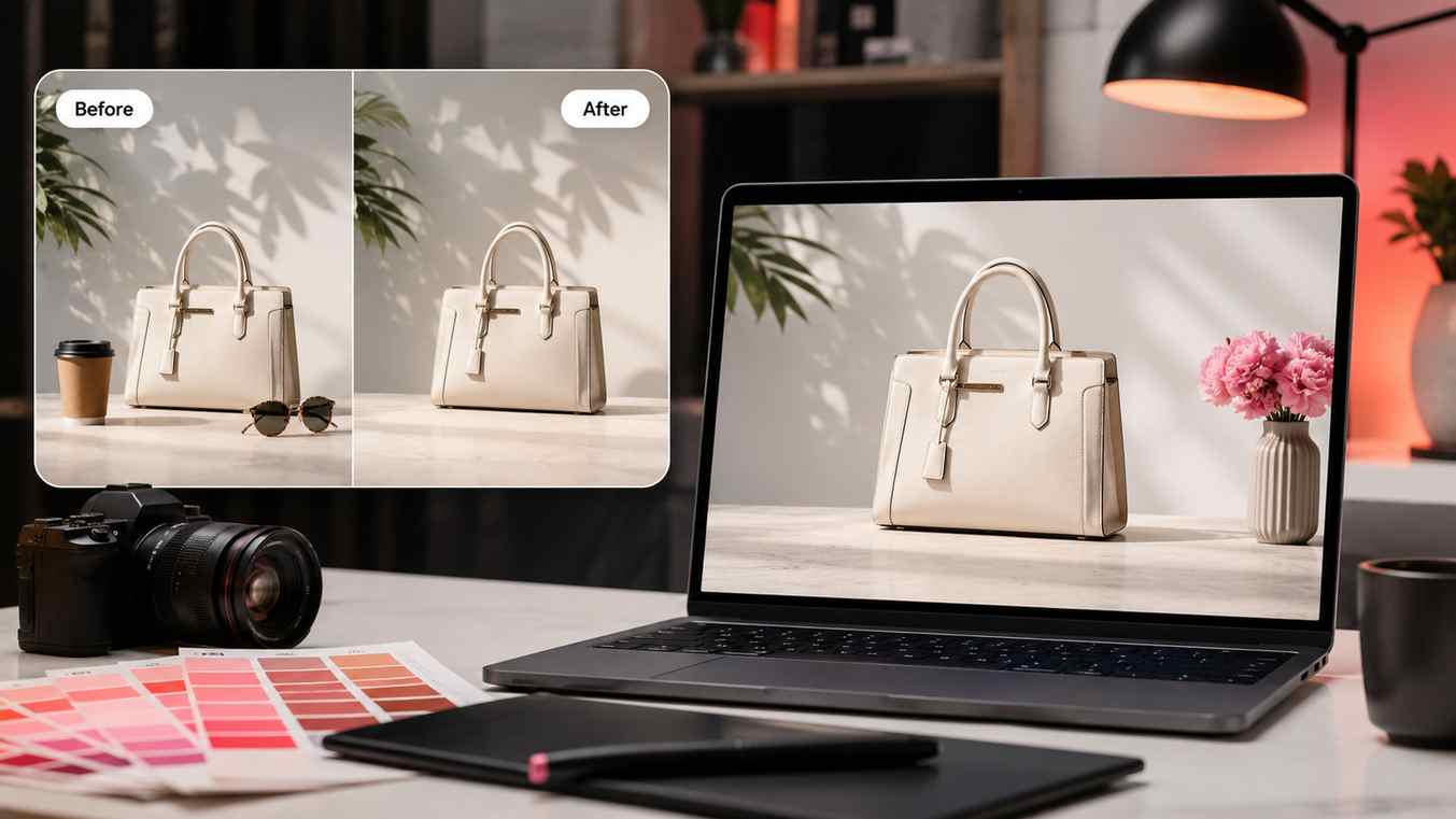 Clean photo editing workspace showing an image being improved by removing unwanted objects and background distractions