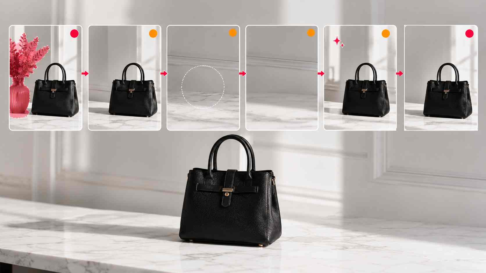 Step-by-step AI photo cleanup workflow showing object selection, removal, edge review, enhancement, and final export