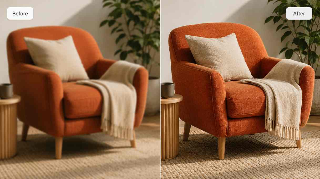 Before and after comparison of a small low-resolution image and a sharper AI-upscaled version