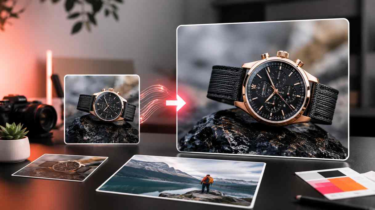 Realistic photo editing workspace showing a small image being upscaled into a sharper high-resolution visual