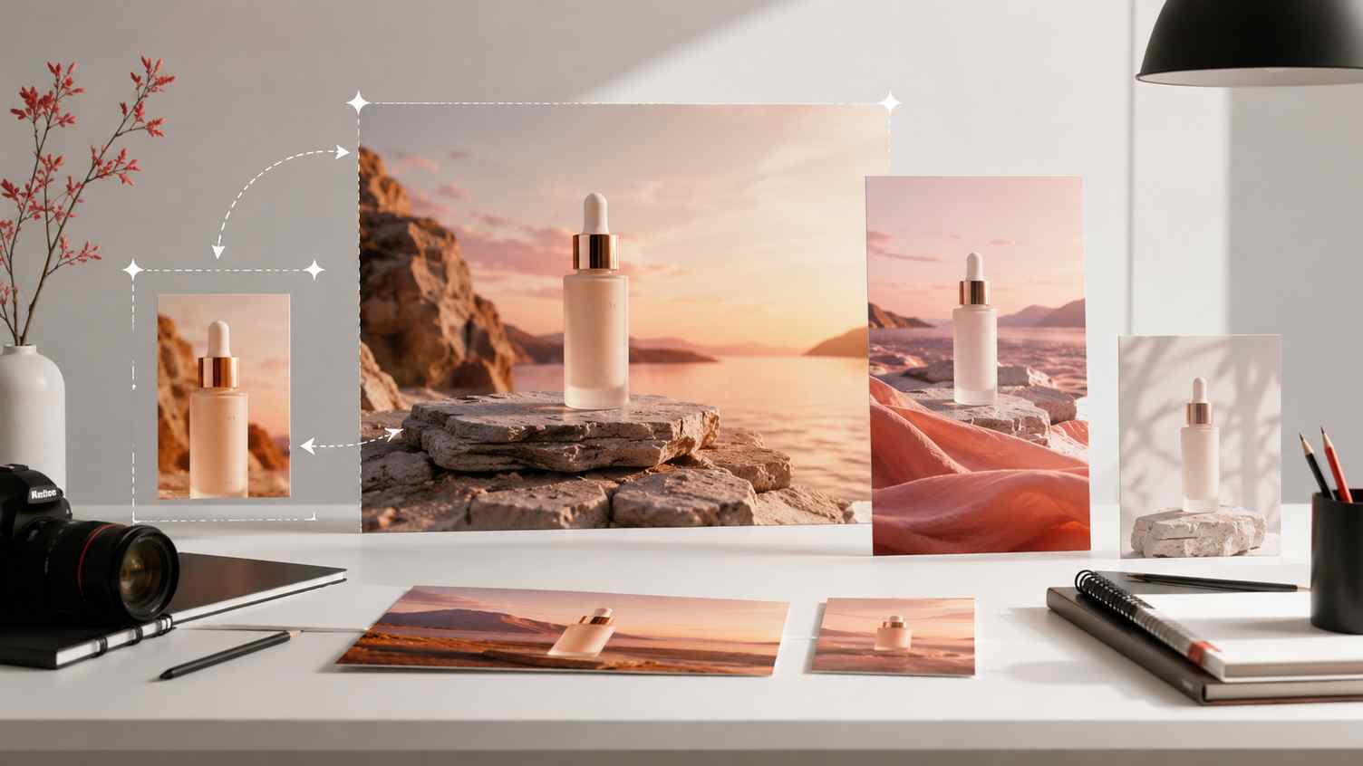 Realistic photo editing workspace showing an image being extended with AI fill for website and social media layouts