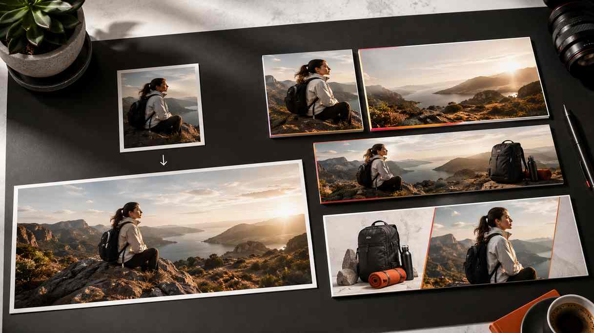 Multiple edited image layout variations for a website hero, social post, ad banner, and product campaign visual