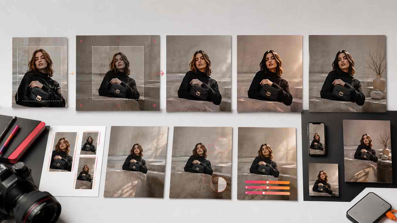 Step-by-step AI fill workflow showing image extension, background filling, cleanup, review, and final export