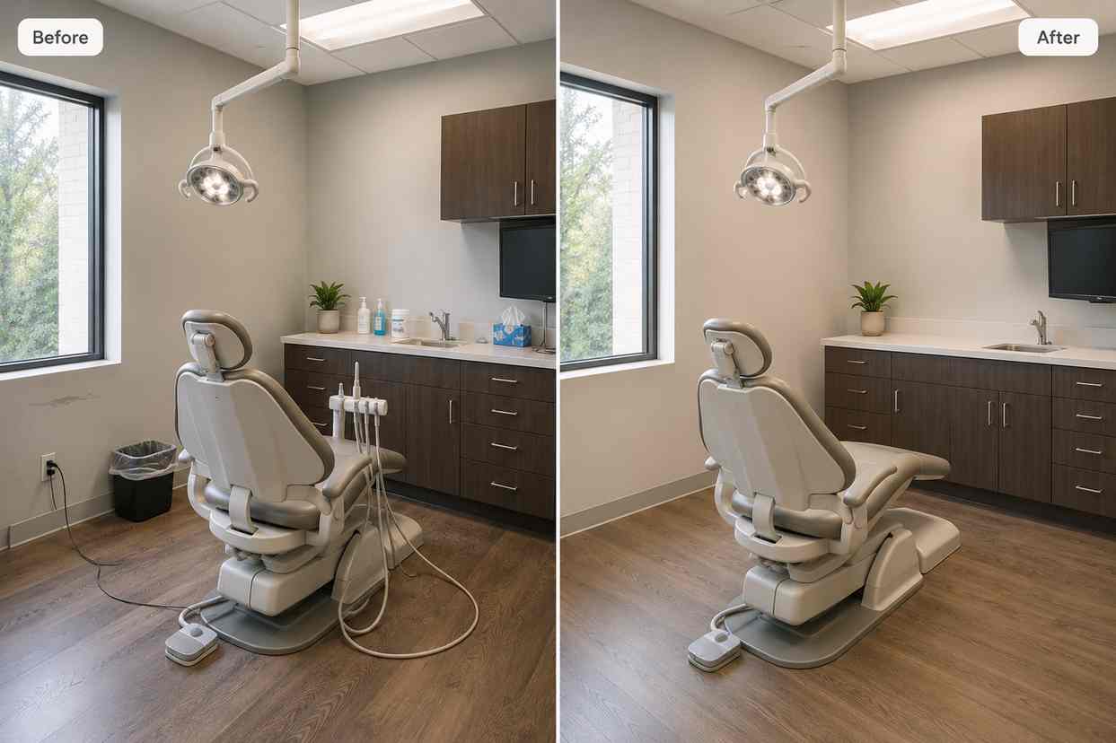 Daha temiz bir web sitesi fotoğrafı için kabloların, çöp kutularının ve duvar işaretlerinin kaldırılmasından önce ve sonra bir klinik tedavi odası