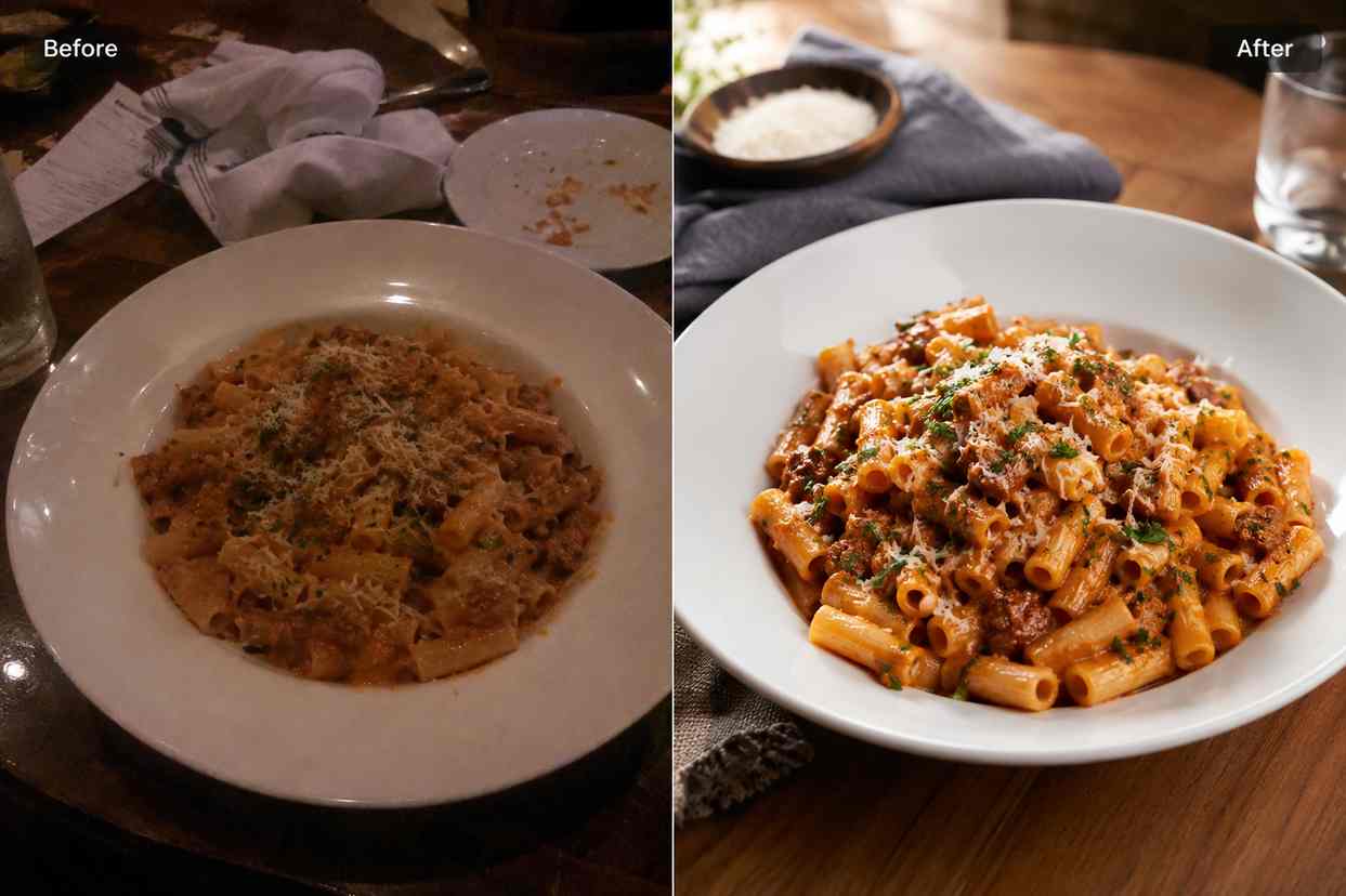Fotografie před jídlem v restauraci a po něm zobrazující scénu ztemnělého stolu vyčištěnou a vylepšenou do jasného obrazu jídla připraveného z menu