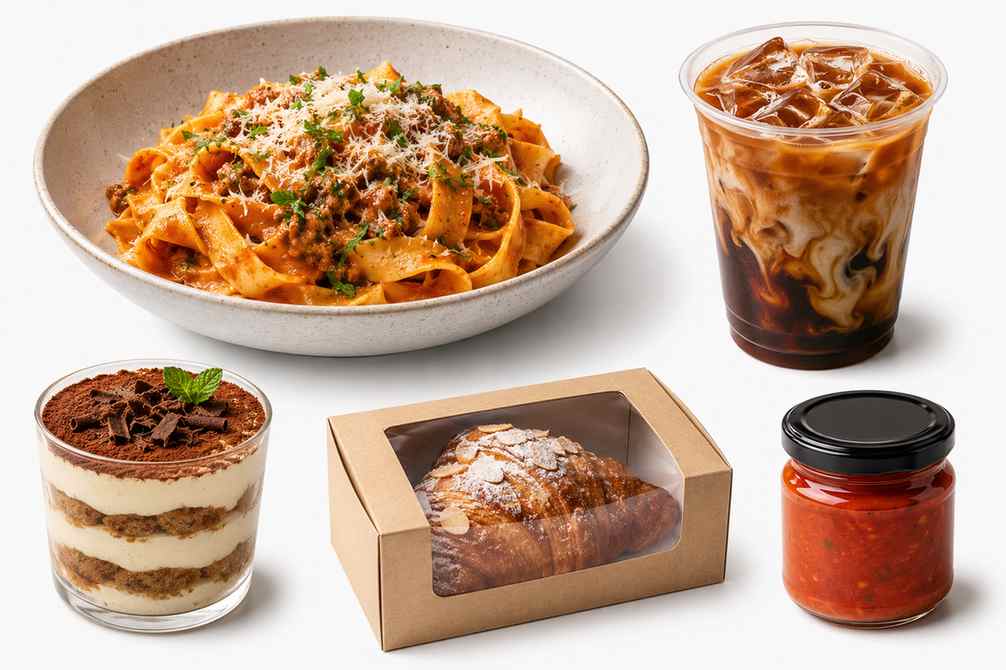 Jídlo z restaurace, nápoj z kavárny, dezert a balené jídlo izolované jako čisté, opakovaně použitelné položky menu